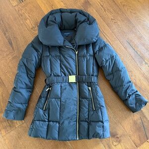Black Cole Haan Down puffer jacket coat, gold trim zipper, buckle EUC,XS